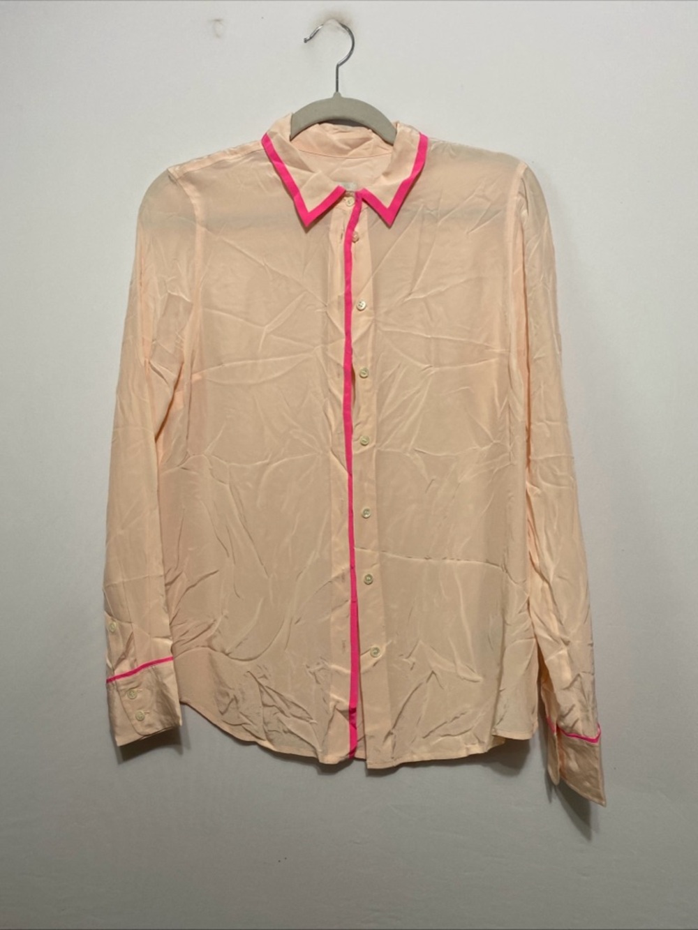 J.Crew Blouse Women Sz 2 Pink Silk Neon Trim Button Down Career Airy Luxury